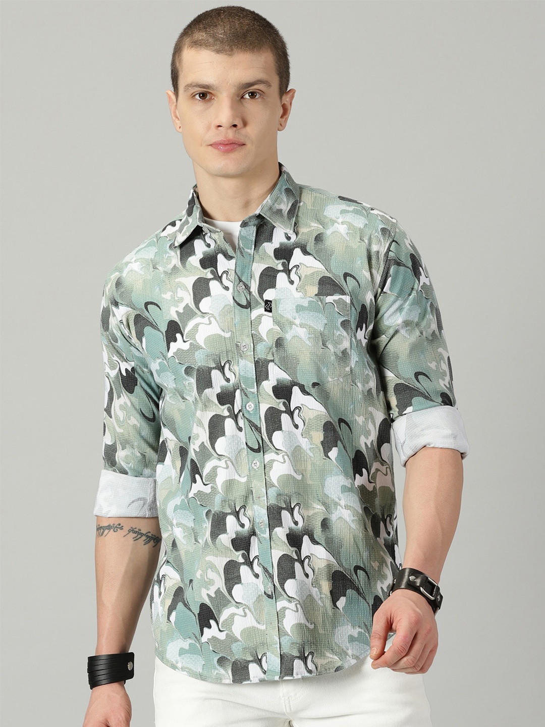 

Rodzen Standard Opaque Printed Cotton Casual Shirt, Green