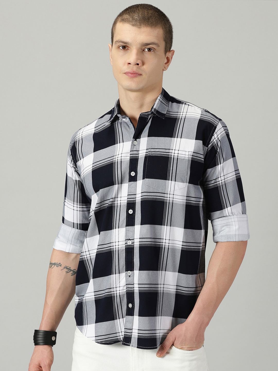 

Rodzen Standard Tartan Checked Cotton Opaque Casual Shirt, Black