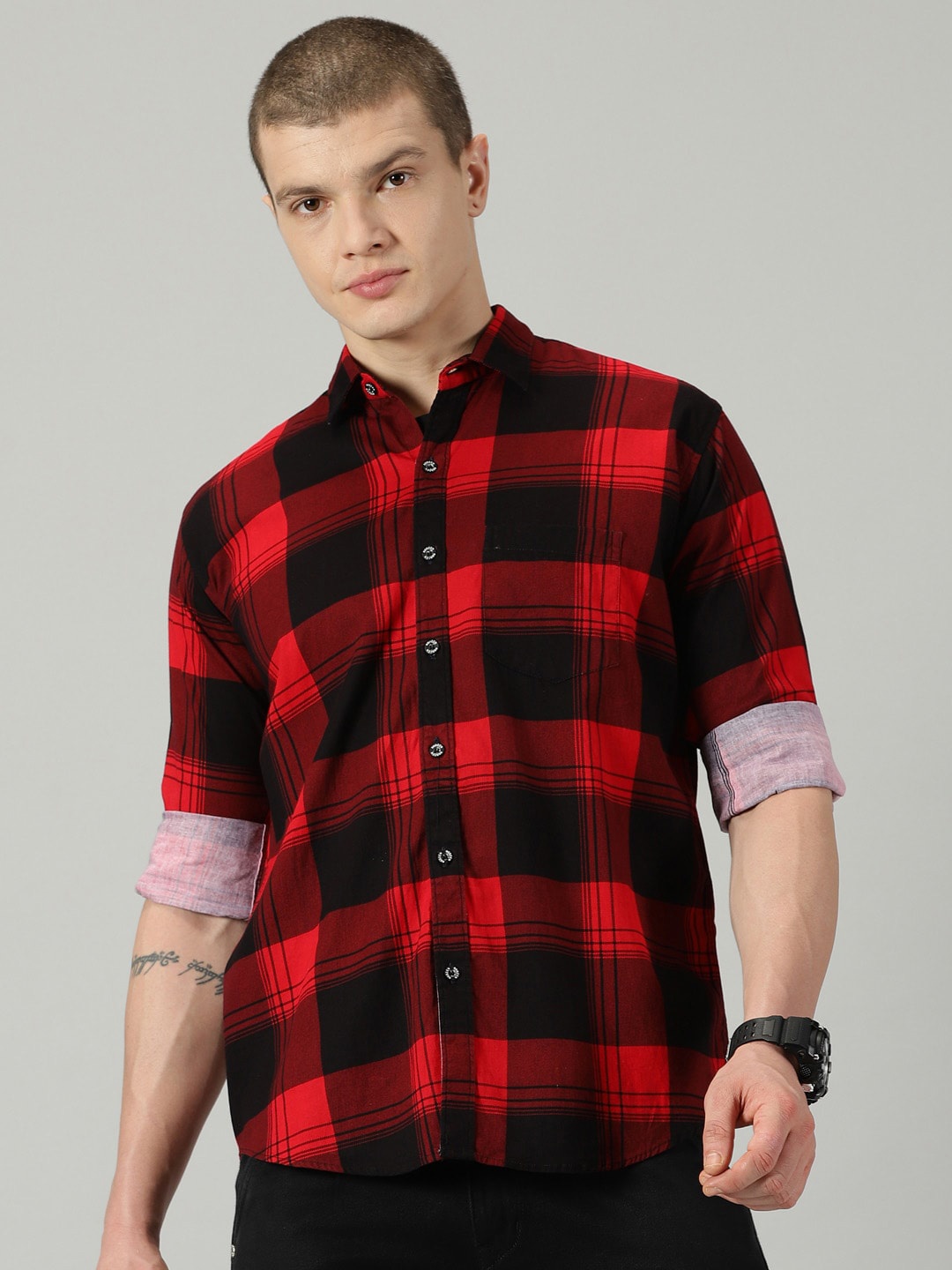 

Rodzen Standard Tartan Checked Cotton Casual Shirt, Red