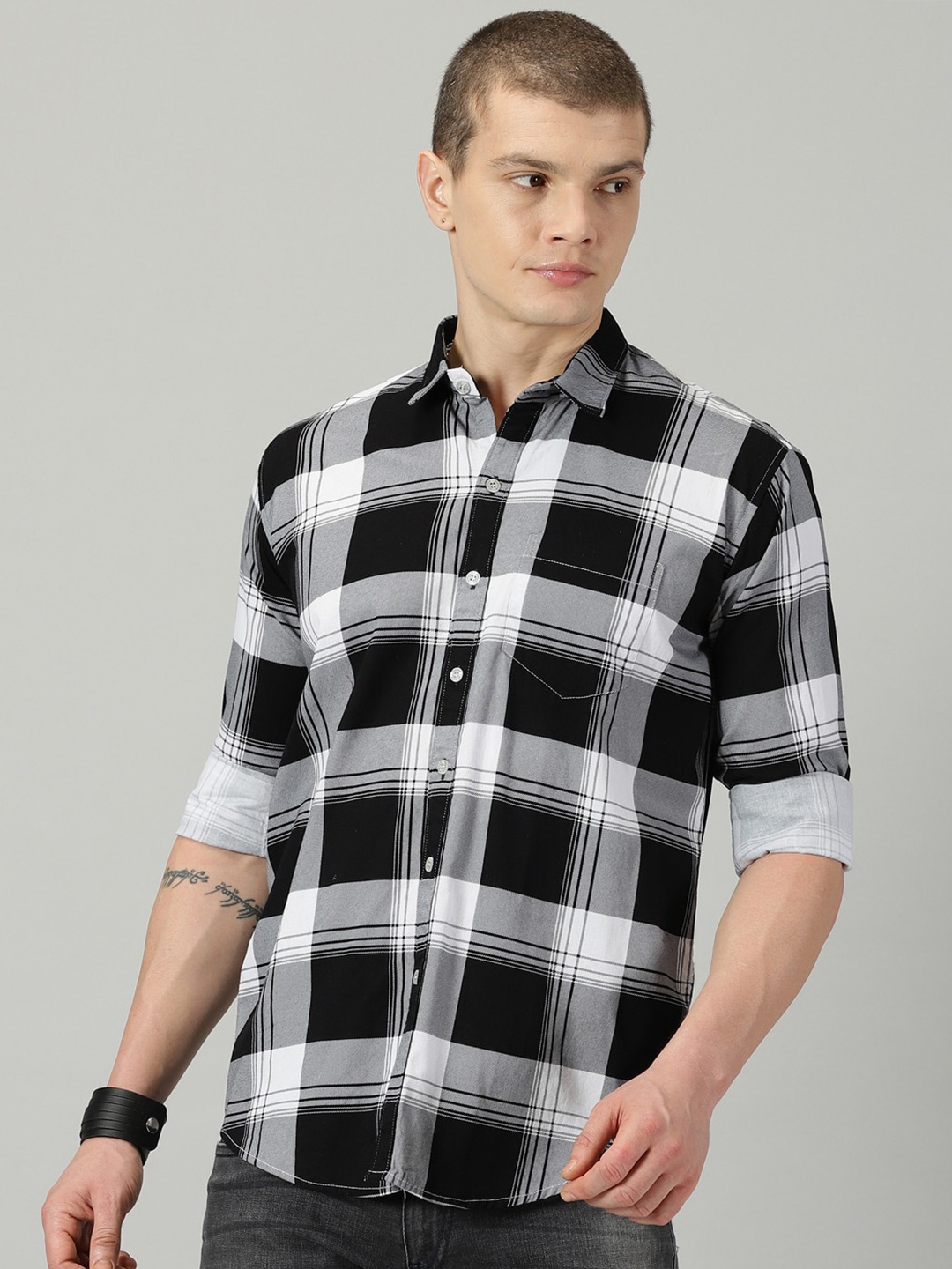 

Rodzen Standard Tartan Checked Opaque Cotton Casual Shirt, Black