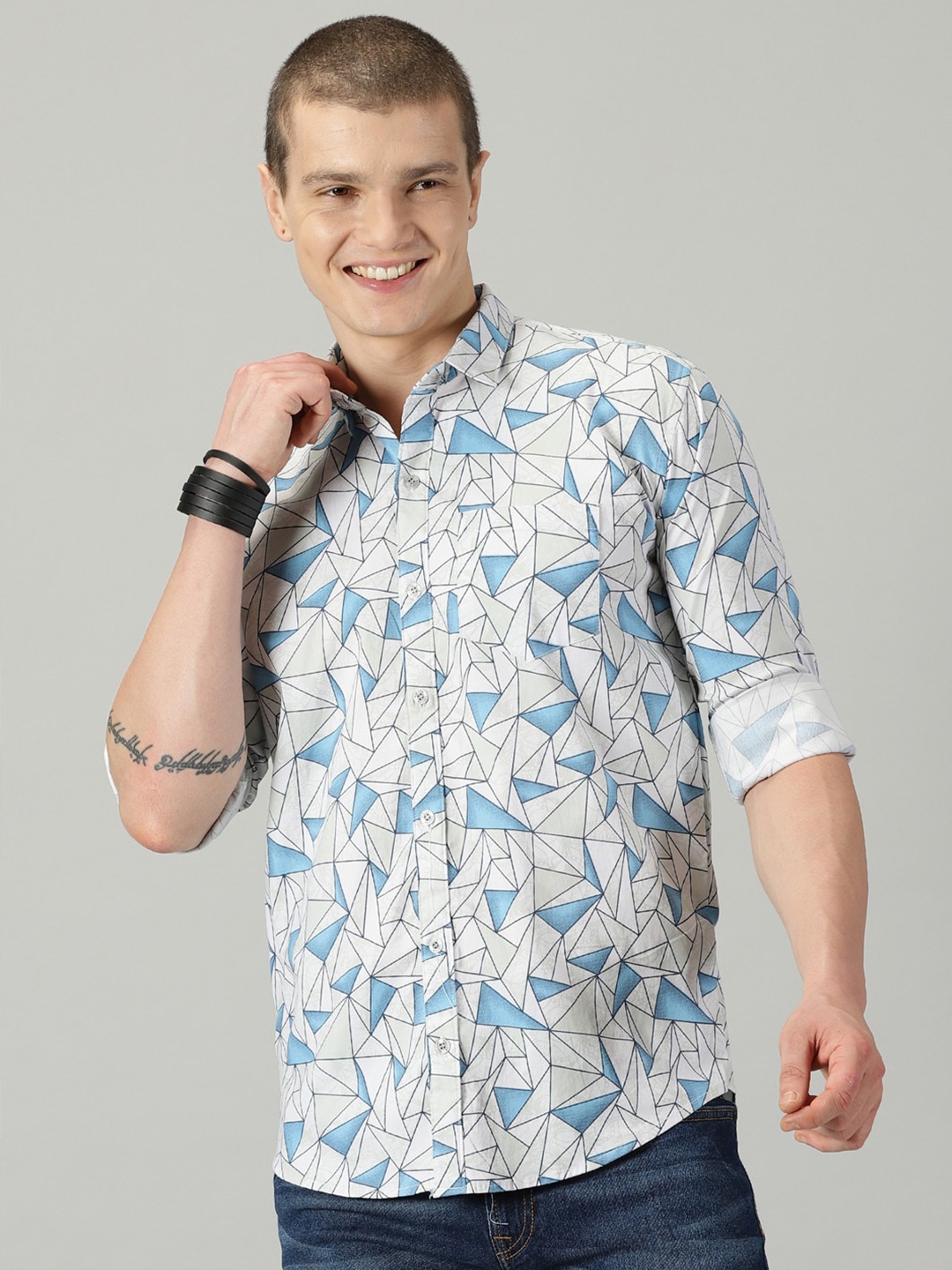 

Rodzen Standard Geometric Printed Cotton Casual Shirt, Blue