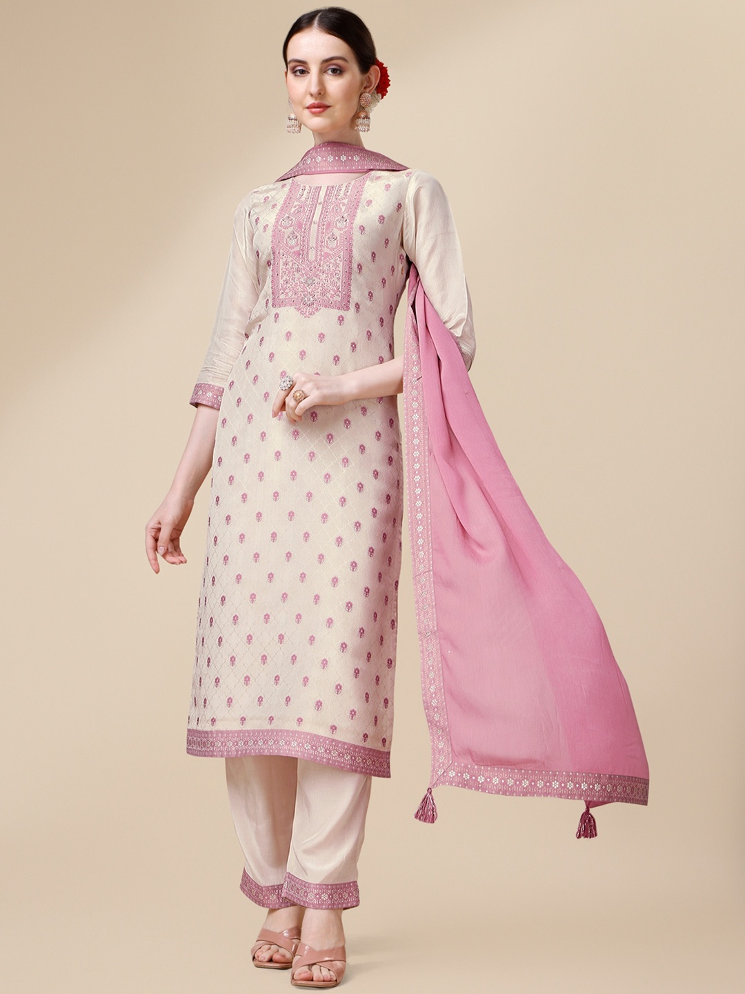 

Seerat Ethnic Motifs Woven Design Tissue Jacquard Kurta With Trousers & Dupatta, Cream