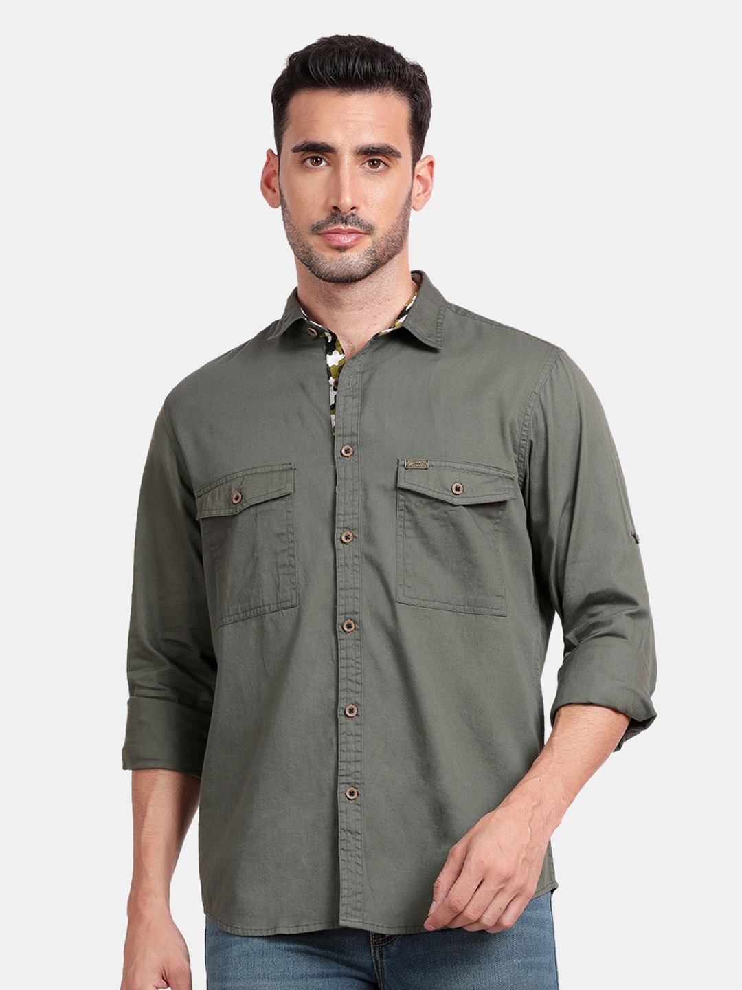 

RUG WOODS Classic Spread Collar Cotton Casual Shirt, Olive