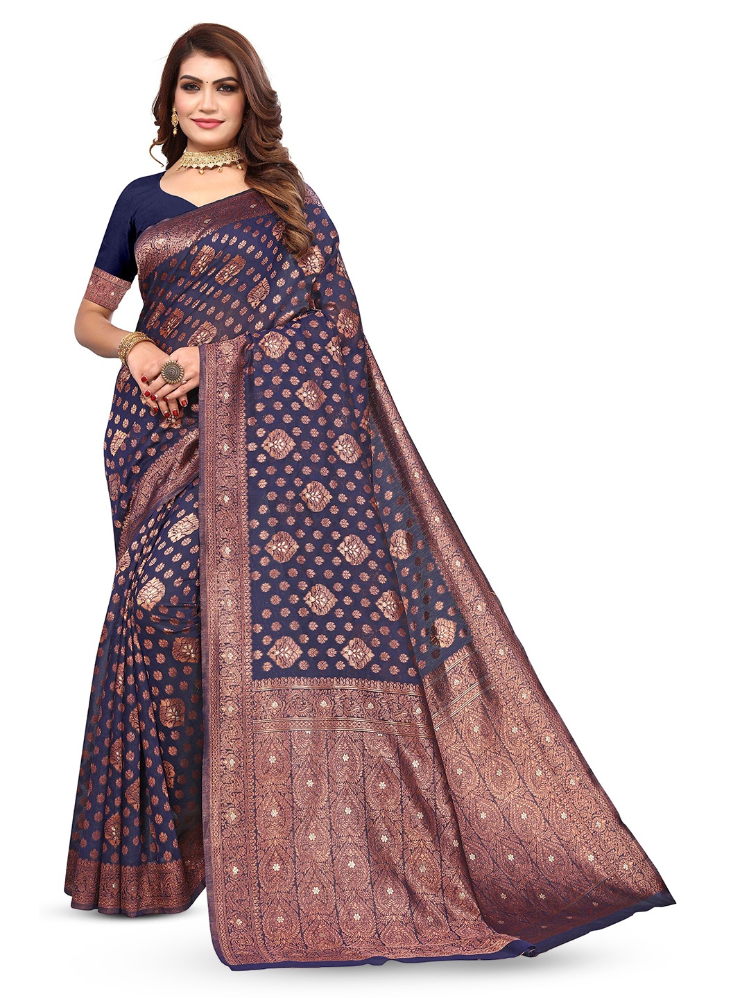 

KALINI Ethnic Motifs Woven Design Zari Kanjeevaram Saree, Blue