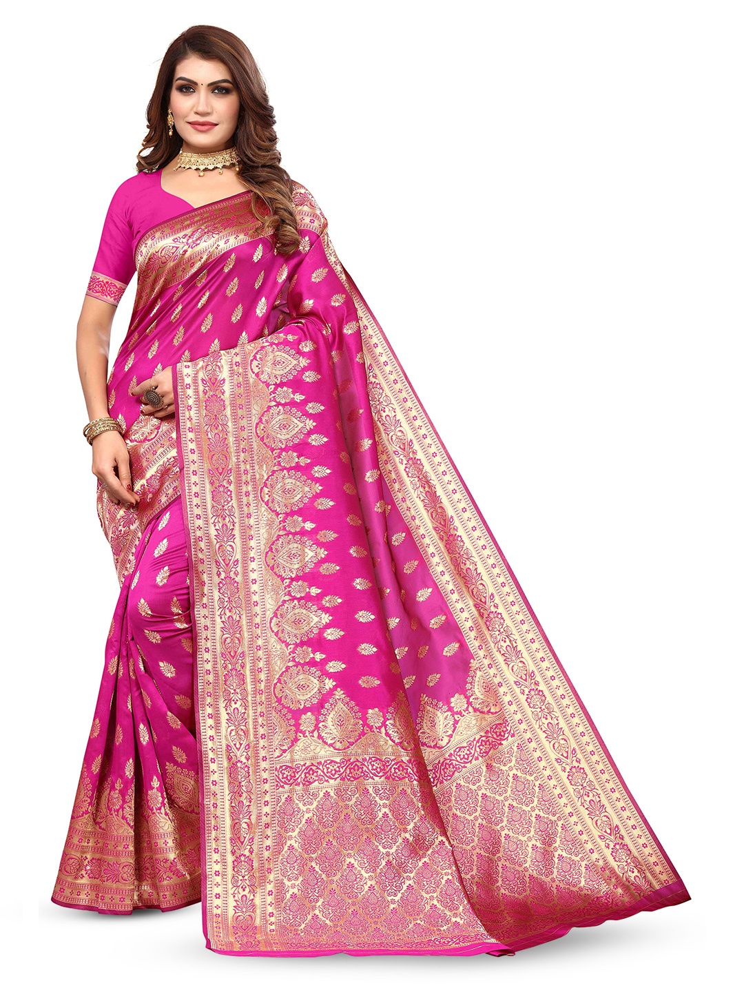 

KALINI Ethnic Motifs Woven Design Zari Silk Blend Kanjeevaram Saree, Pink
