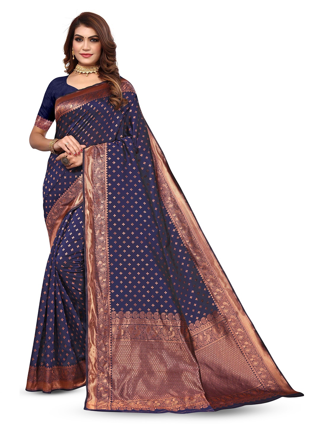 

KALINI Ethnic Motifs Woven Design Zari Kanjeevaram Saree, Blue