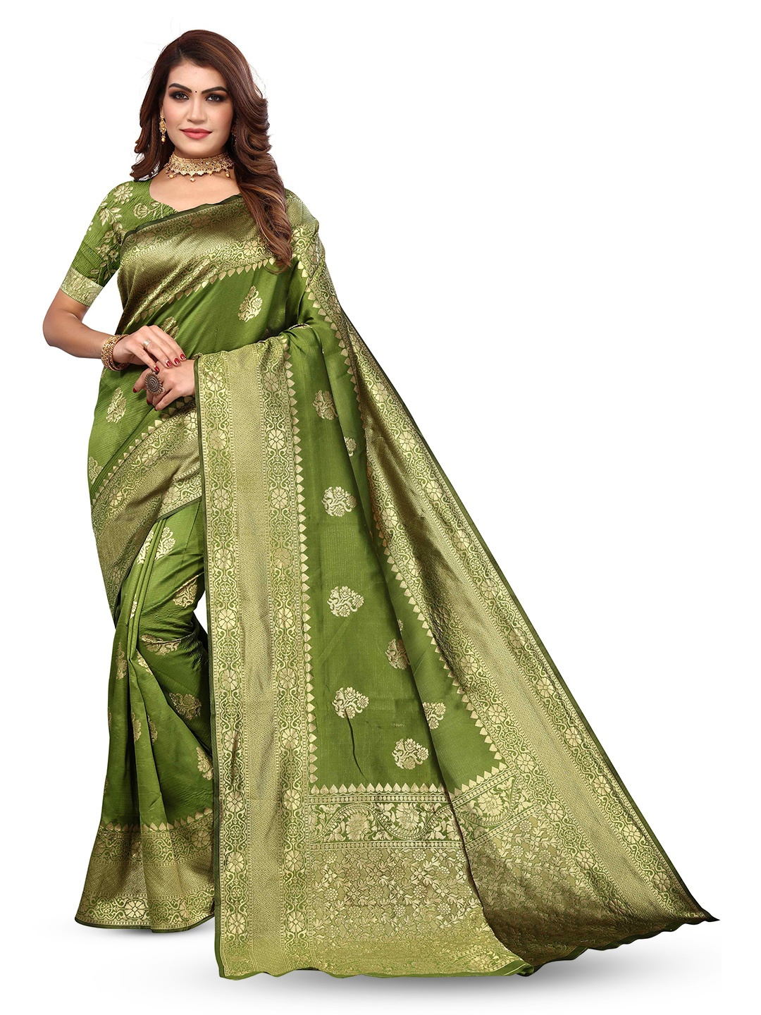 

KALINI Ethnic Motifs Woven Design Zari Silk Blend Kanjeevaram Saree, Green