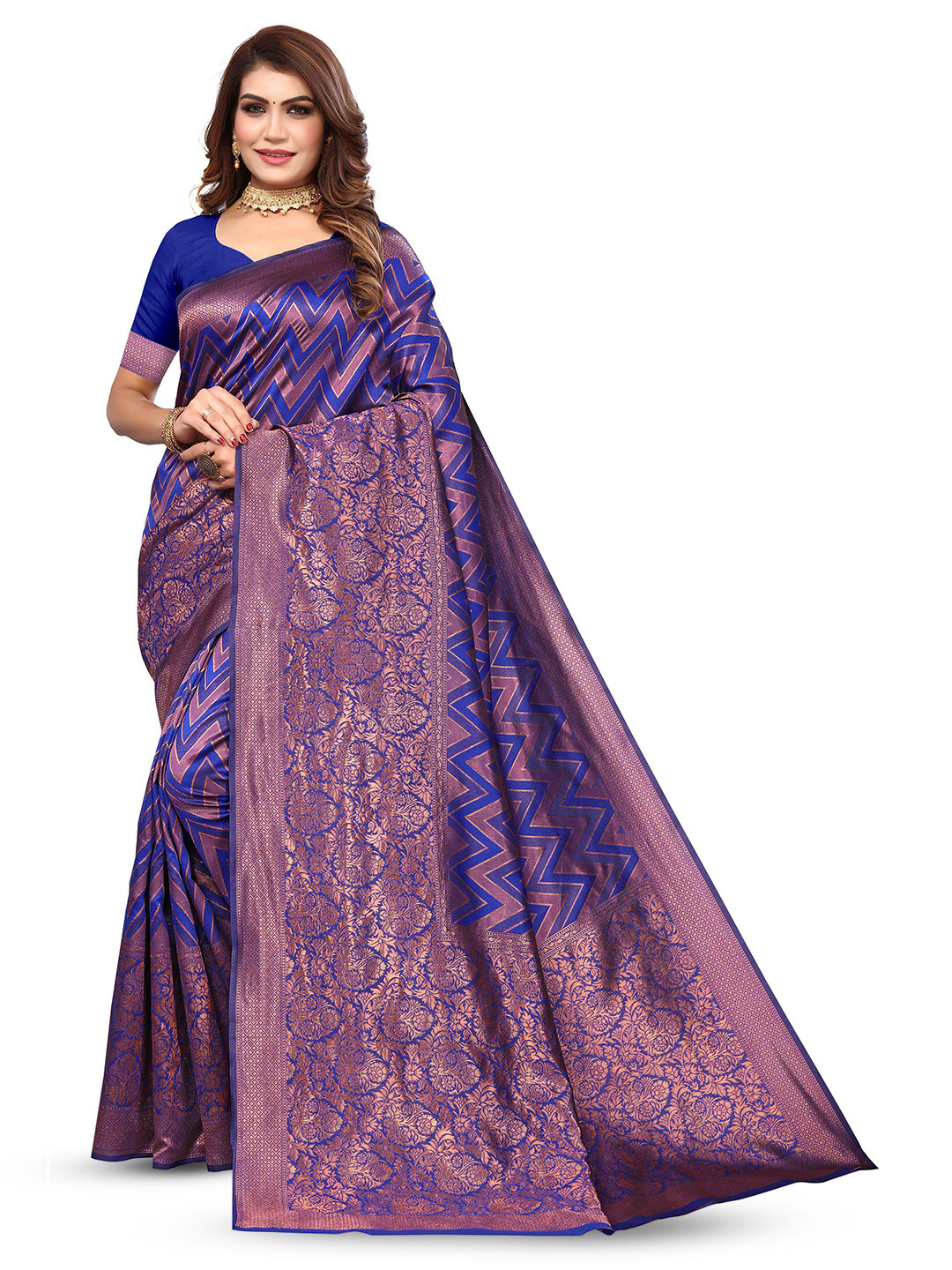 

KALINI Geometric Woven Design Zari Kanjeevaram Saree, Blue