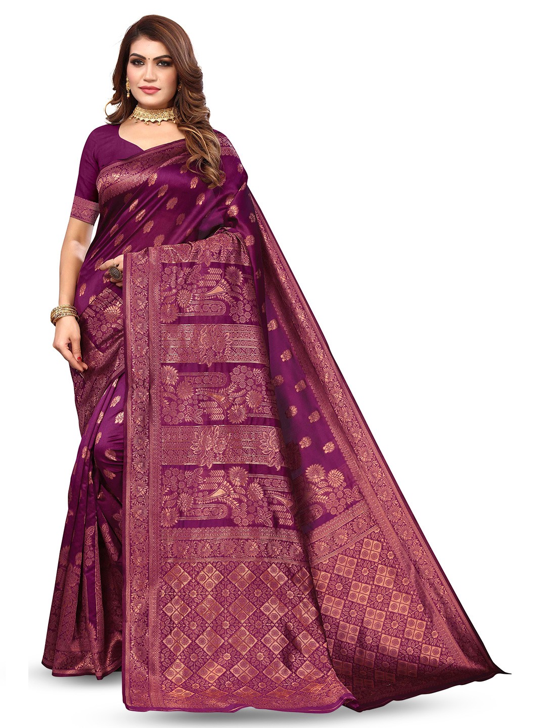 

KALINI Ethnic Motifs Woven Design Zari Kanjeevaram Saree, Purple