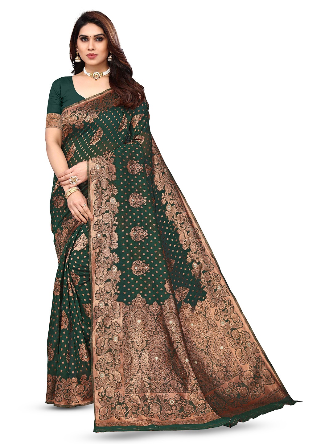 

KALINI Ethnic Motifs Woven Design Zari Kanjeevaram Saree, Green
