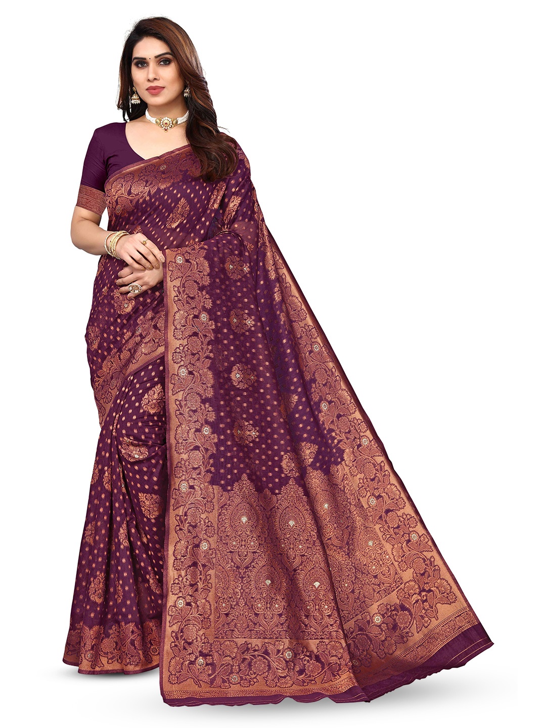 

KALINI Woven Design Zari Silk Blend Kanjeevaram Saree, Purple