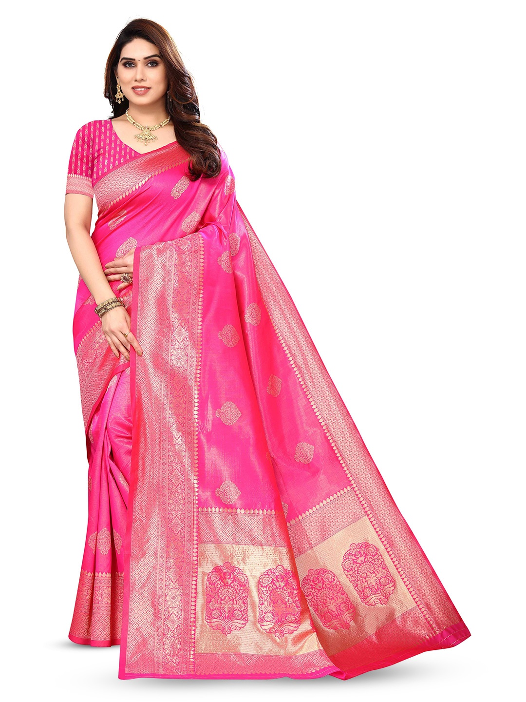 

KALINI Ethnic Motifs Woven Design Zari Kanjeevaram Saree, Pink