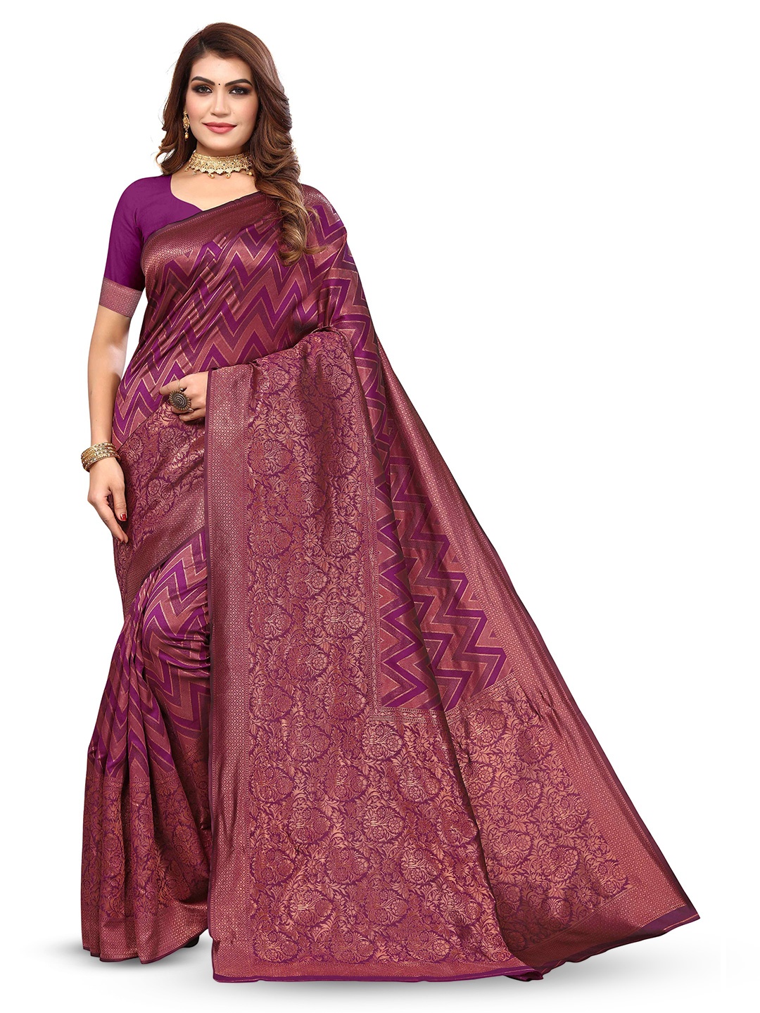 

KALINI Geometric Woven Design Zari Detail Kanjeevaram Saree, Purple