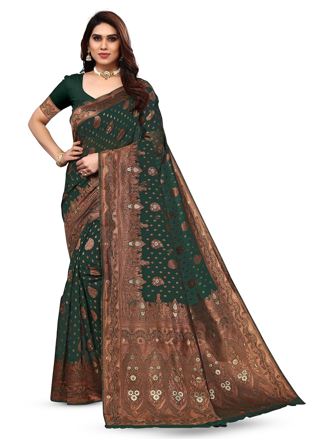 

KALINI Woven Design Zari Silk Blend Kanjeevaram Saree, Green