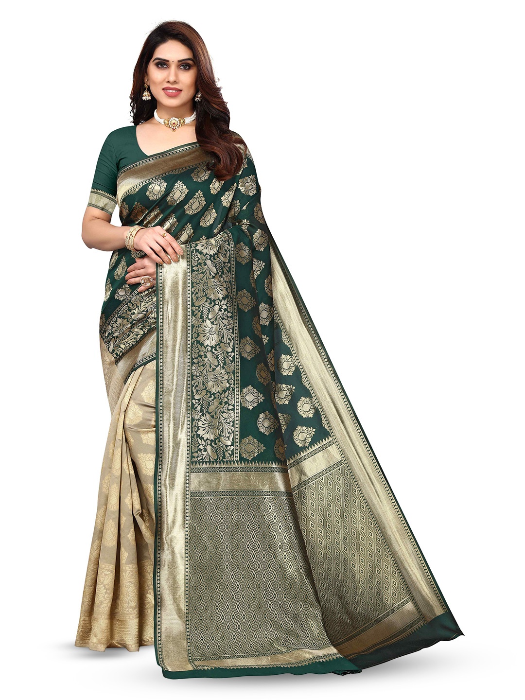 

KALINI Ethnic Motifs Woven Design Zari Kanjeevaram Saree, Green