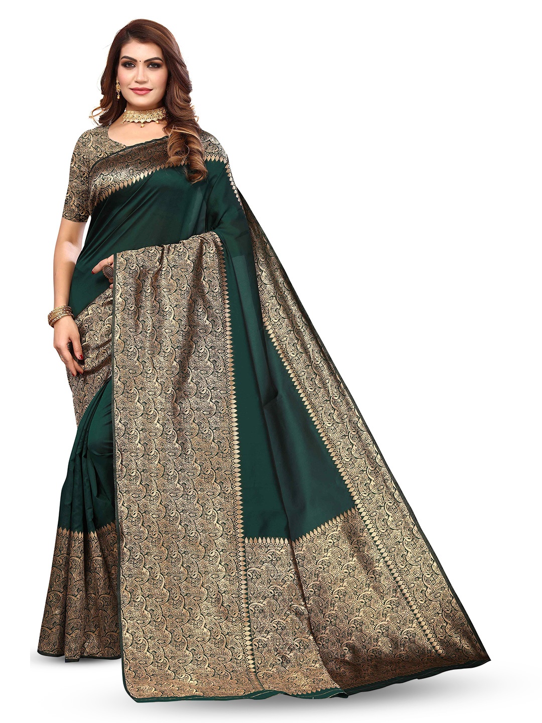 

KALINI Woven Design Border Zari Jacquard Kanjeevaram Saree, Green