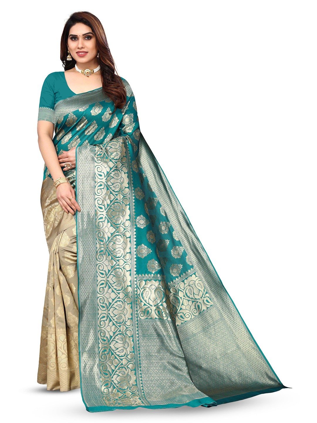 

KALINI Ethnic Motifs Woven Design Zari Kanjeevaram Saree, Blue