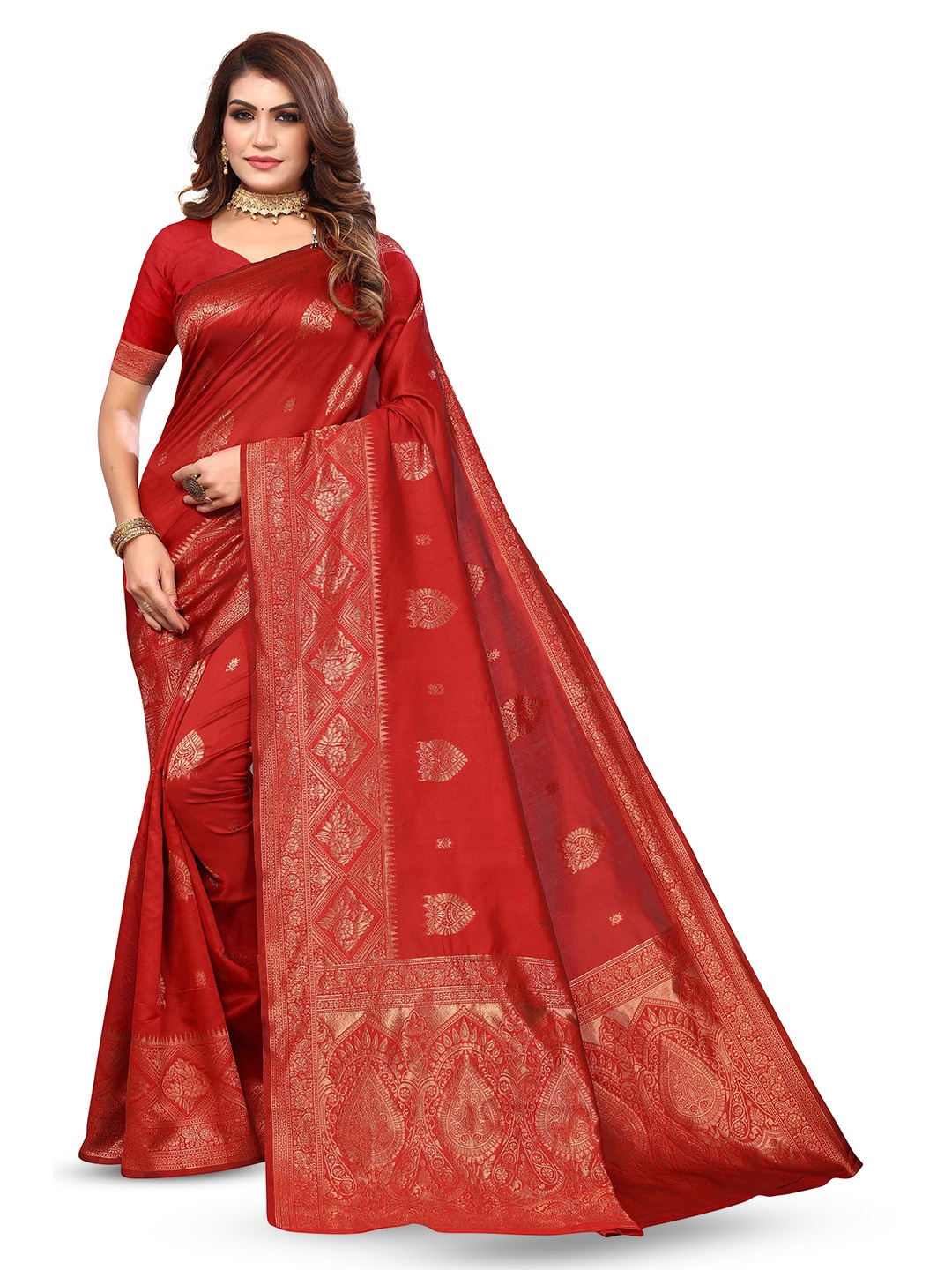 

KALINI Ethnic Motifs Woven Design Zari Kanjeevaram Saree, Red