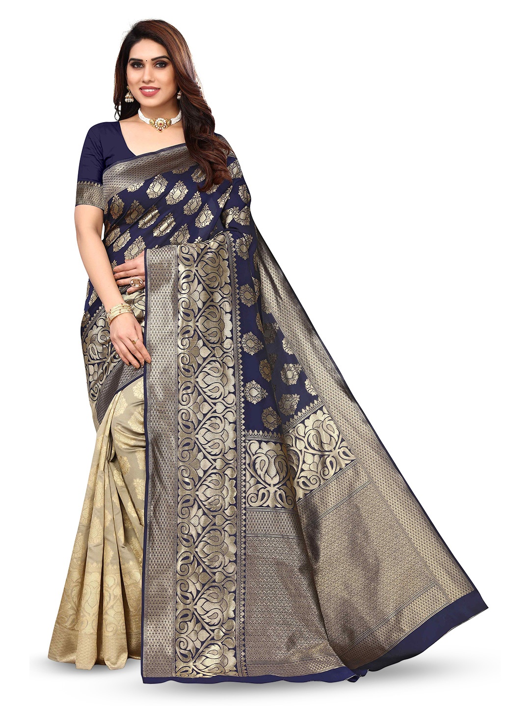 

KALINI Ethnic Motifs Woven Design Zari Silk Blend Kanjeevaram Saree, Blue