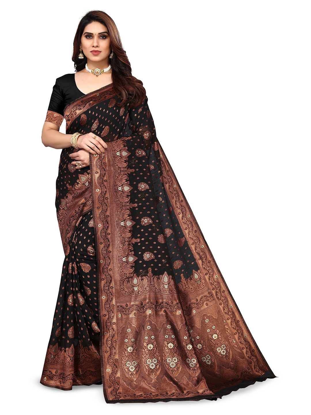

KALINI Ethnic Motifs Woven Design Zari Jacquard Kanjeevaram Saree, Black