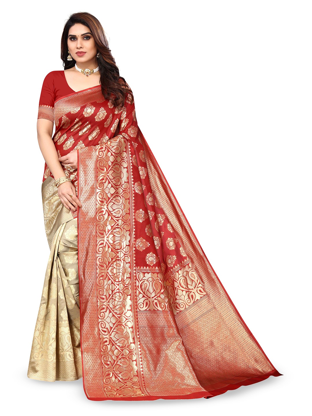 

KALINI Woven Design Zari Silk Blend Kanjeevaram Saree, Red