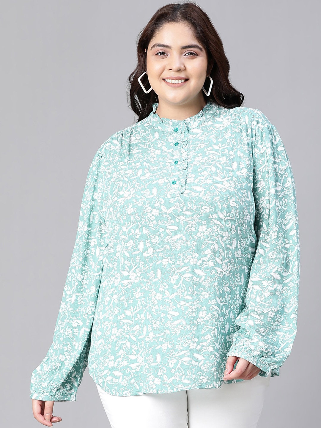 

Oxolloxo Plus Size Floral Print Mandarin Collar Puff Sleeve Crepe Shirt Style Top, Green