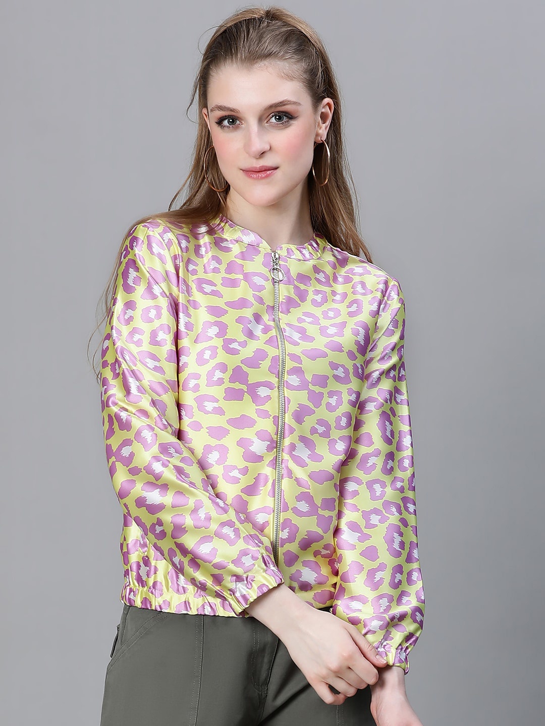 

Oxolloxo Animal Printed Mandarin Collar Lightweight Bomber Jacket, Beige