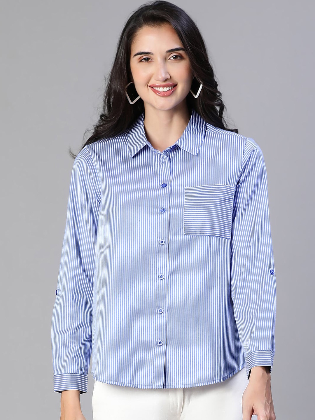 

Oxolloxo Vertical Striped Smart Cotton Casual Shirt, Blue