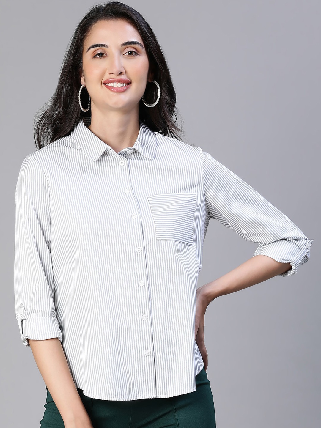 

Oxolloxo Vertical Striped Smart Cotton Casual Shirt, Grey