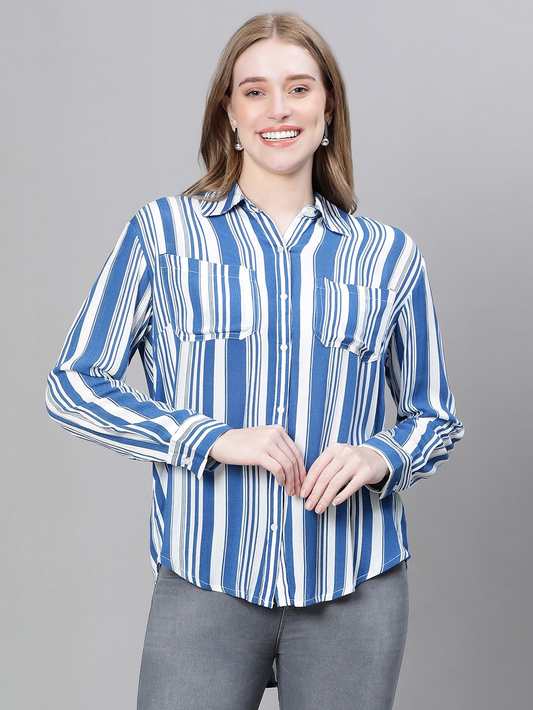 

Oxolloxo Vertical Striped Standard Casual Shirt, Blue