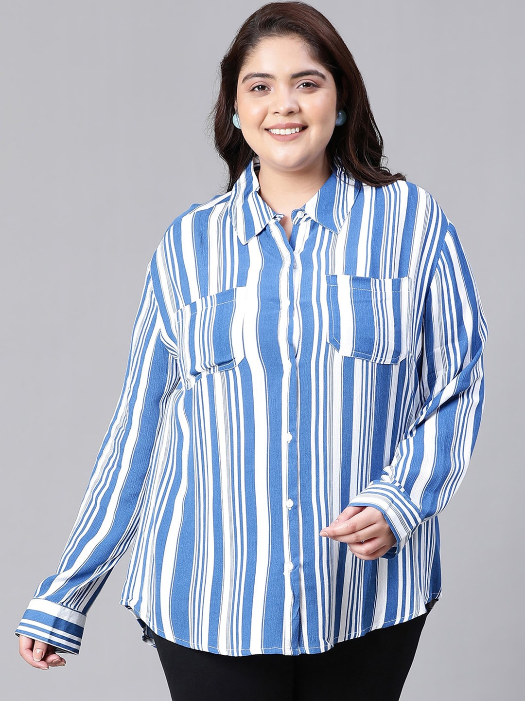 

Oxolloxo Plus Size Relaxed Fit Vertical Striped Casual Shirt, Blue