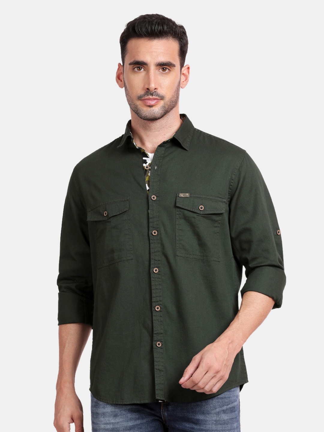 

RUG WOODS Classic Spread Collar Opaque Cotton Casual Shirt, Green