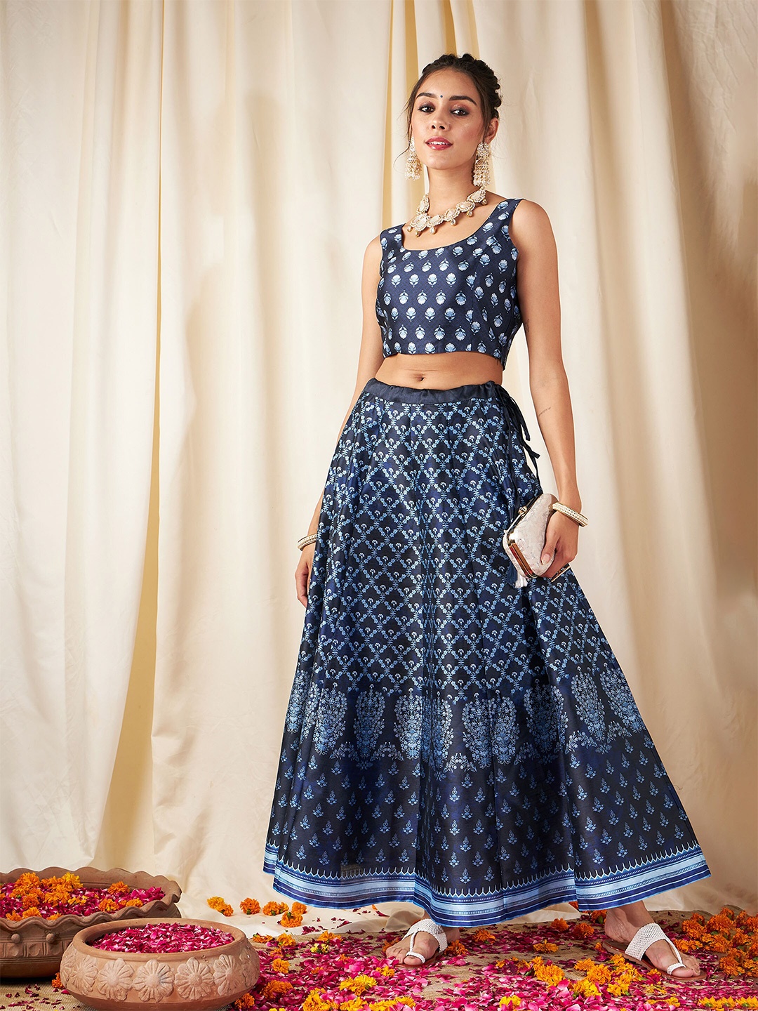 

Shae by SASSAFRAS Ethnic Motifs Printed Ready to Wear Lehenga & Blouse, Navy blue