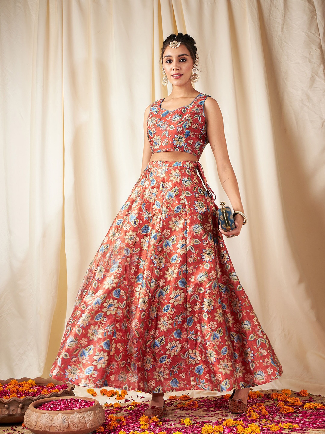 

Shae by SASSAFRAS Floral Printed Ready to Wear Lehenga & Crop Top, Orange