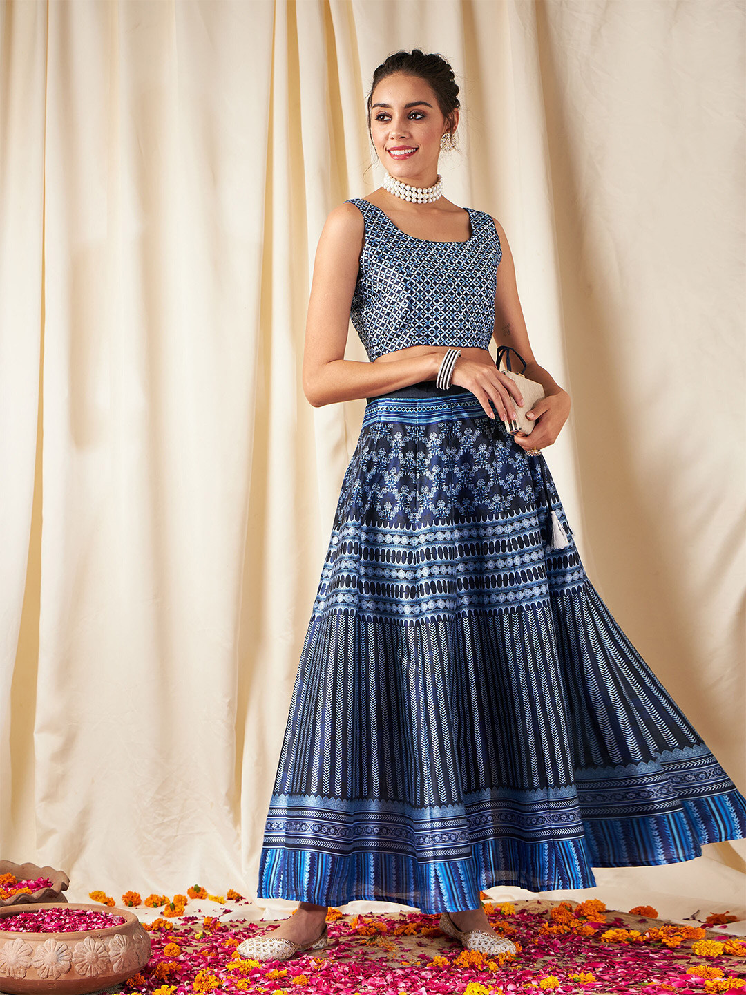 

Shae by SASSAFRAS Ethnic Motifs Printed Ready to Wear Lehenga & Blouse, Navy blue