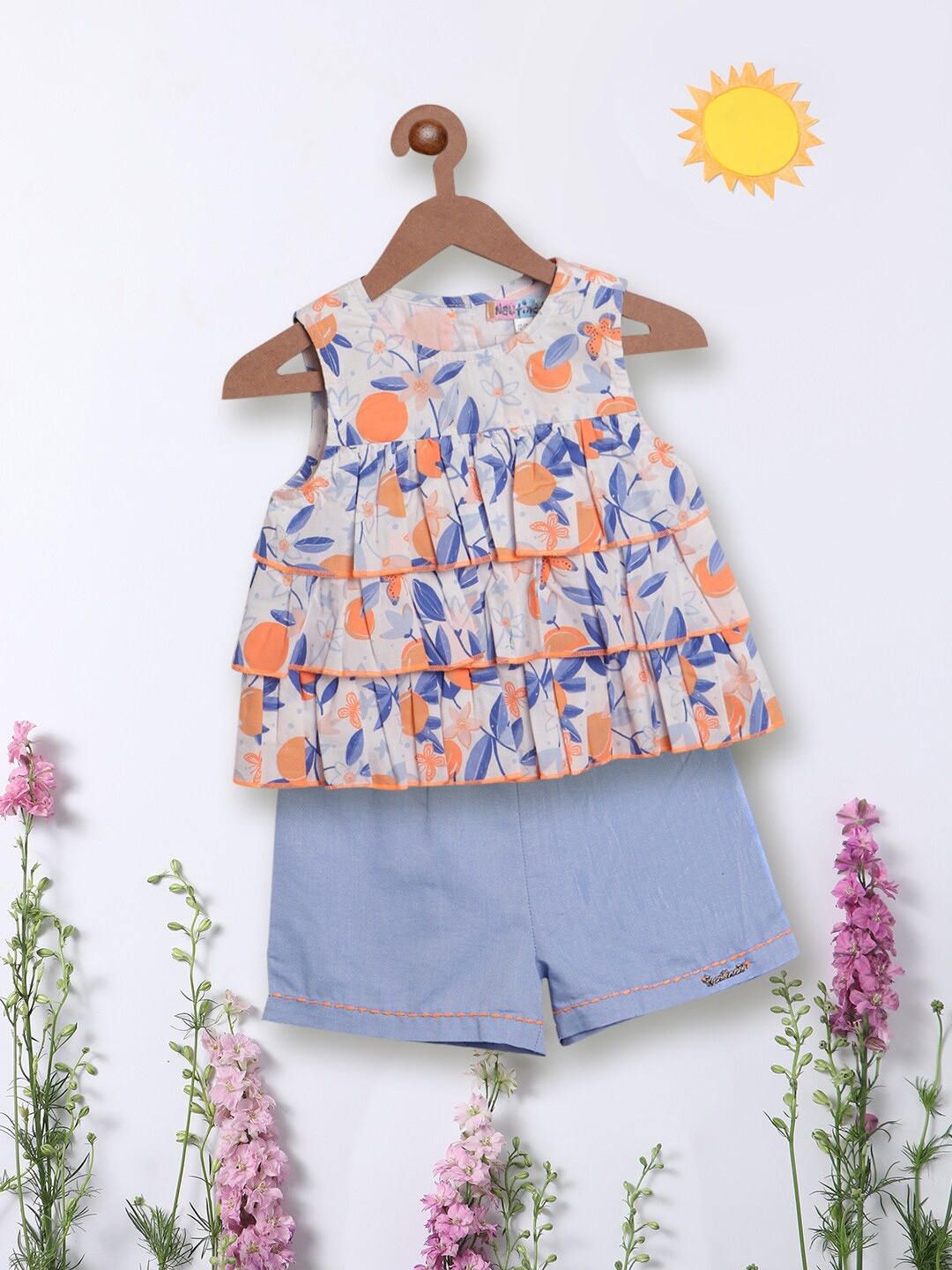 

Nauti Nati Girls Floral Printed Layered Pure Cotton Top with Shorts, White