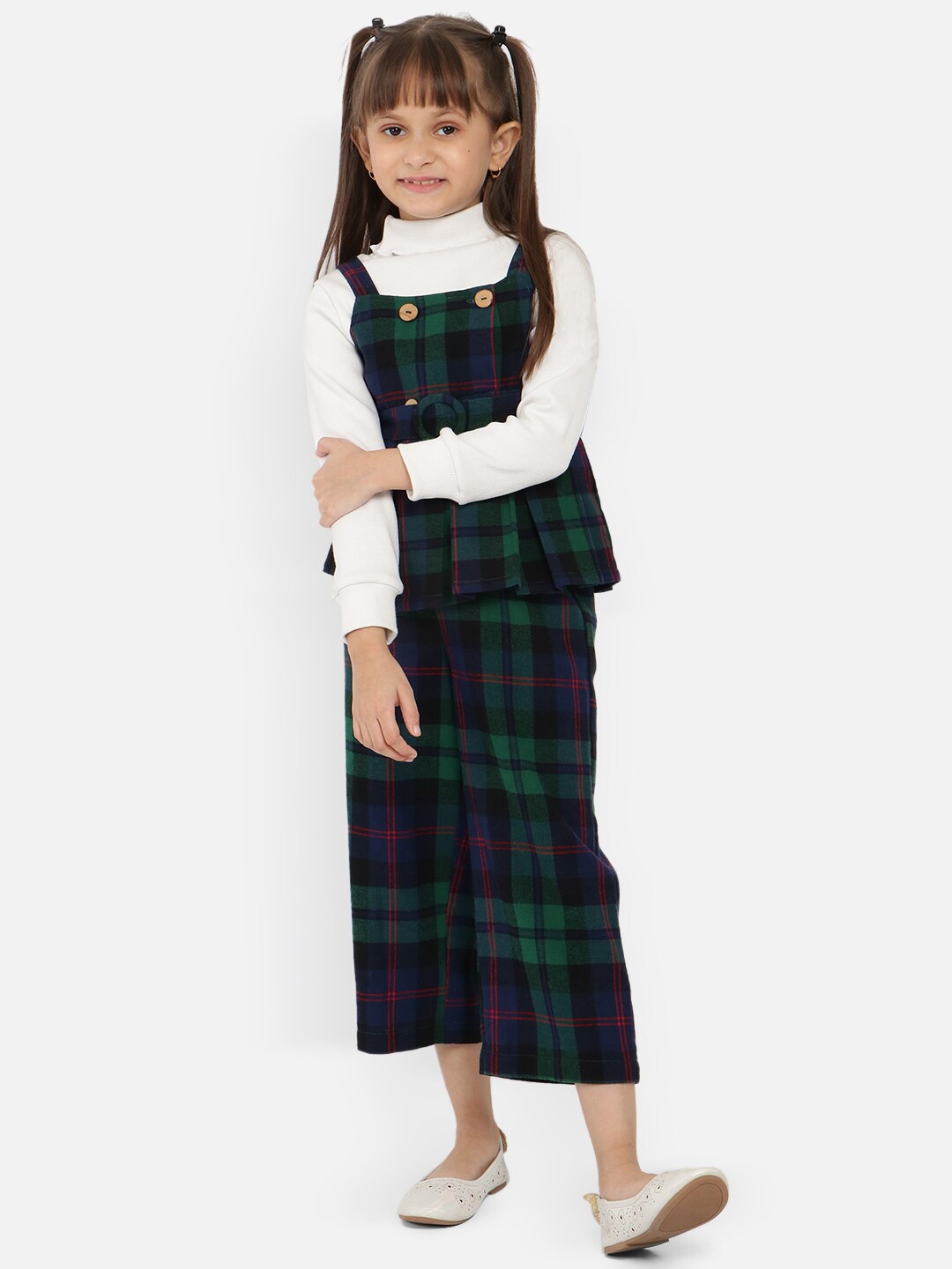 

Nauti Nati Girls Checkered Peplum Style Pure Cotton Top Top with Trousers, Navy blue