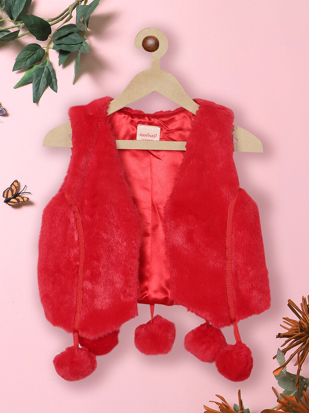 

Nauti Nati Girls Crop Open Front Shrug With Pom Pom Detail, Red