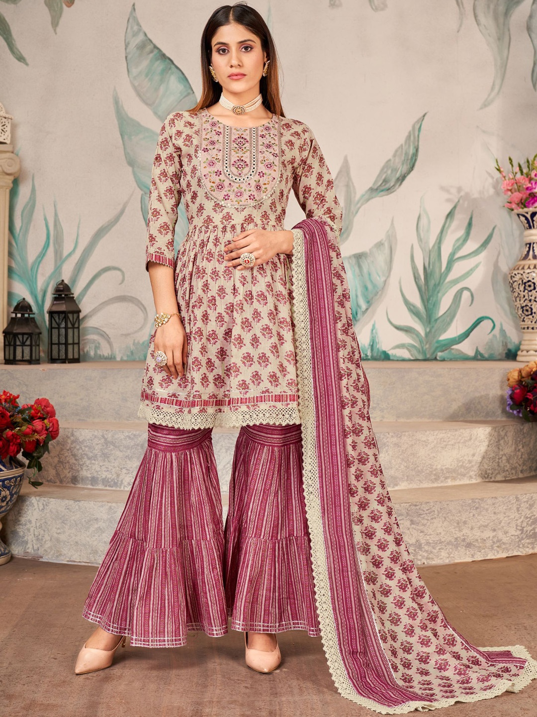 

PREMROOP- THE STYLE YOU LOVE Floral Printed Pure Cotton Kurti & Sharara With Dupatta, Pink