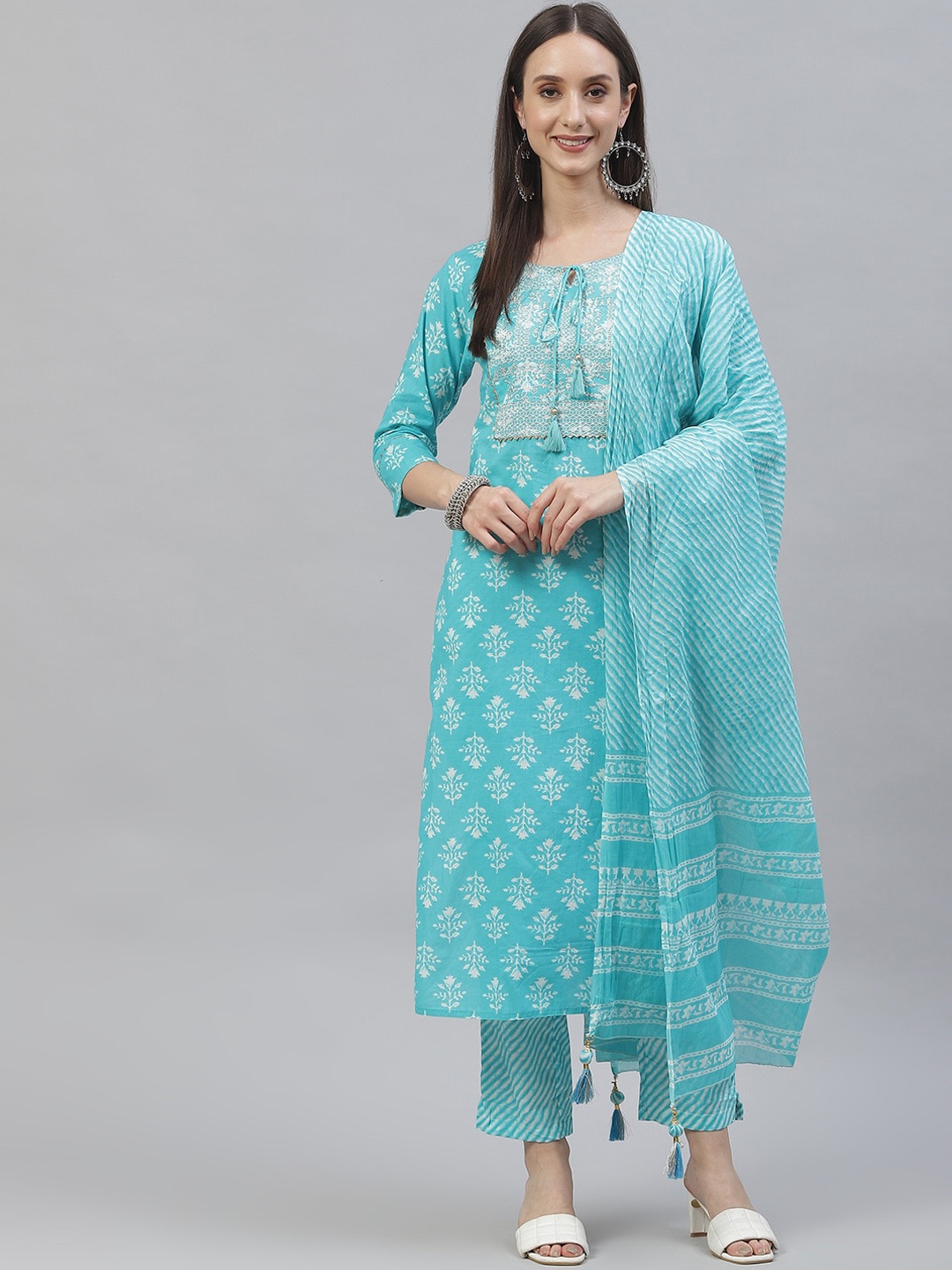 

KALINI Ethnic Motifs Printed Gotta Patti Pure Cotton Kurta & Trousers With Dupatta, Turquoise blue