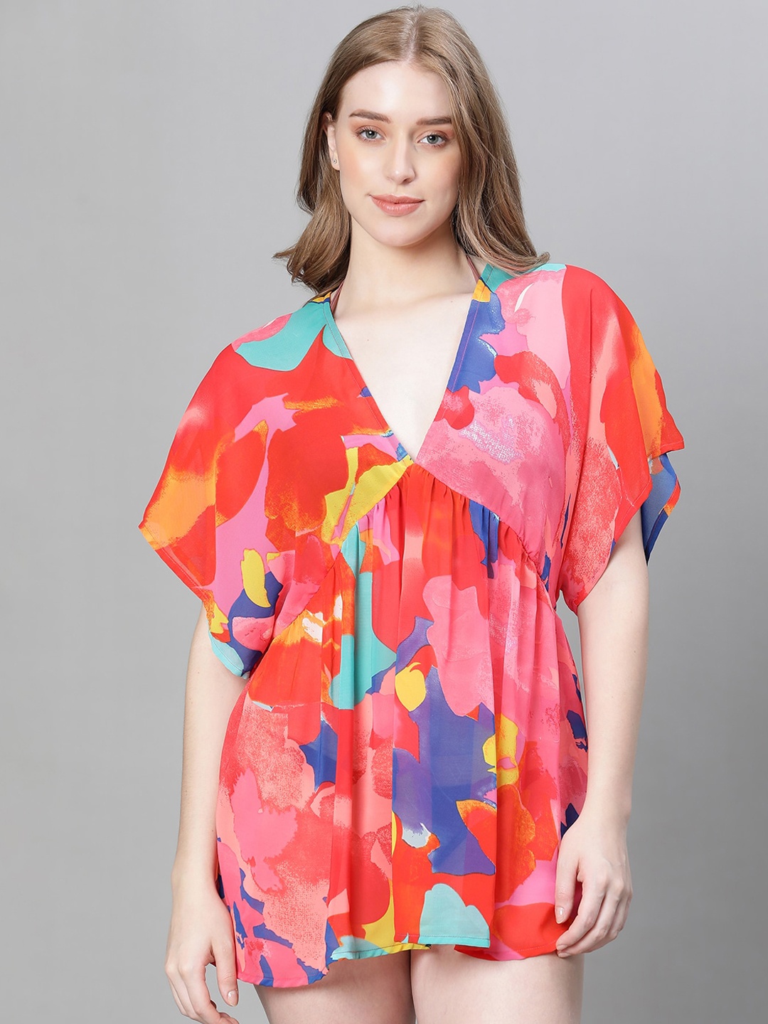 

Oxolloxo Abstract Printed Georgette Kaftan Swimwear Cover Up Top, Orange