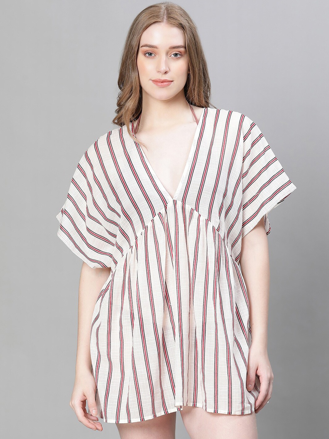 

Oxolloxo Striped Kaftan Georgette Swimwear Cover Up Top, Cream