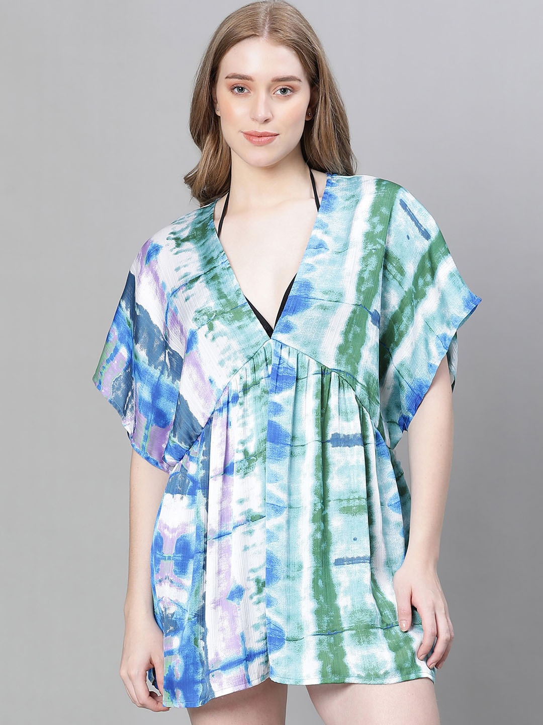 

Oxolloxo Tie Dyed Chiffon Kaftan Swimwear Cover Up Top, Blue