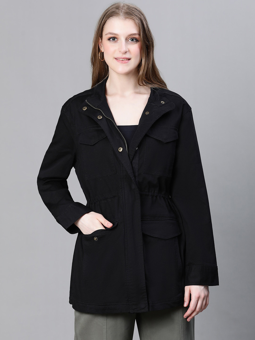

Oxolloxo Lightweight Mock Collar Cotton Longline Tailored Jacket, Black
