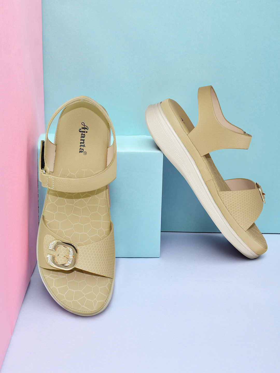 

Ajanta Buckle Embellished Open Toe Flats, Beige