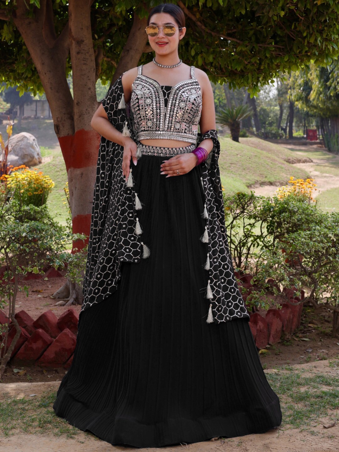 

Chhabra 555 Embroidered Semi-Stitched Lehenga & Unstitched Blouse with Cape Jacket, Black