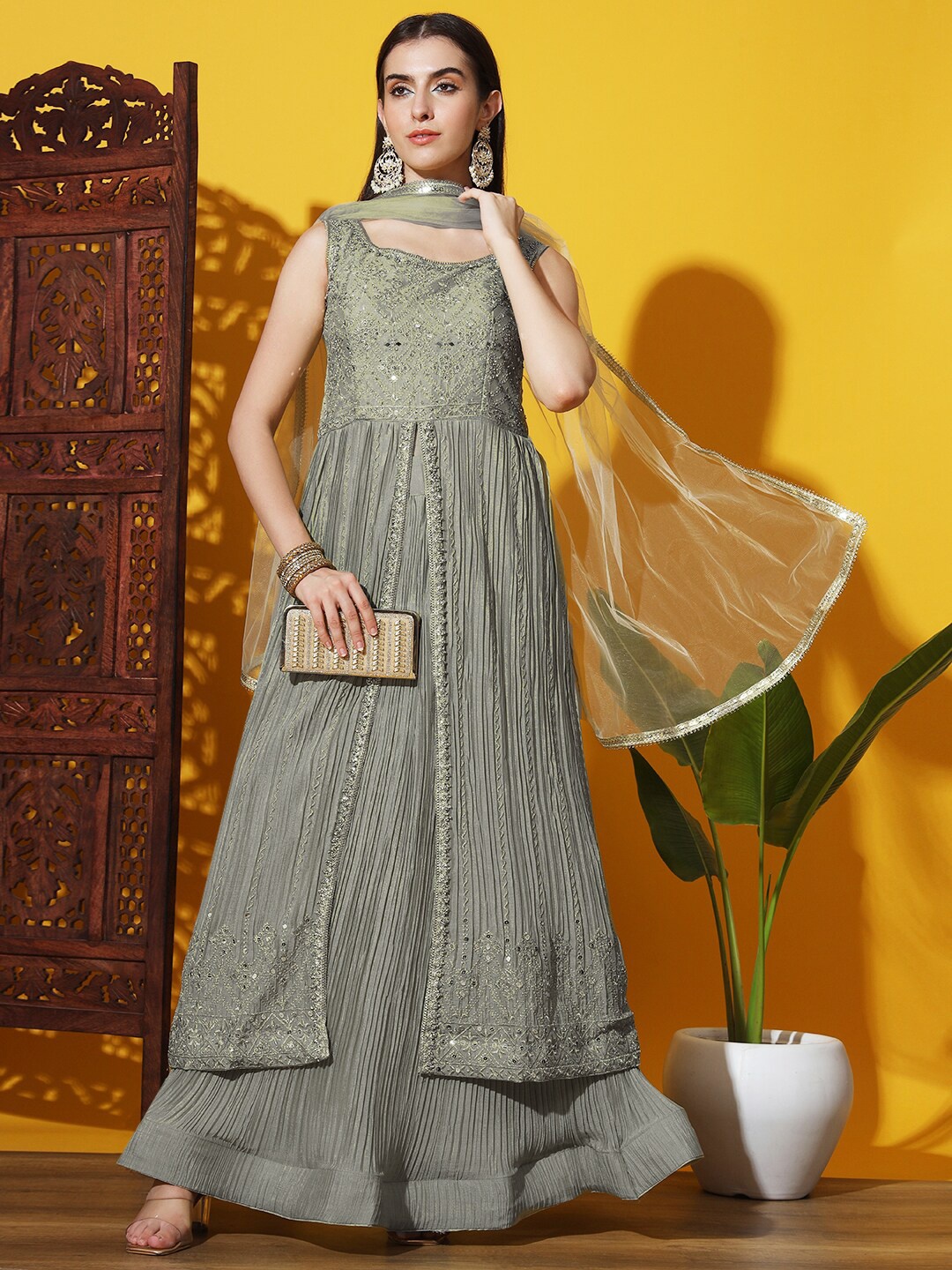 

Chhabra 555 Embroidered Mirror Work Lehenga Choli, Grey