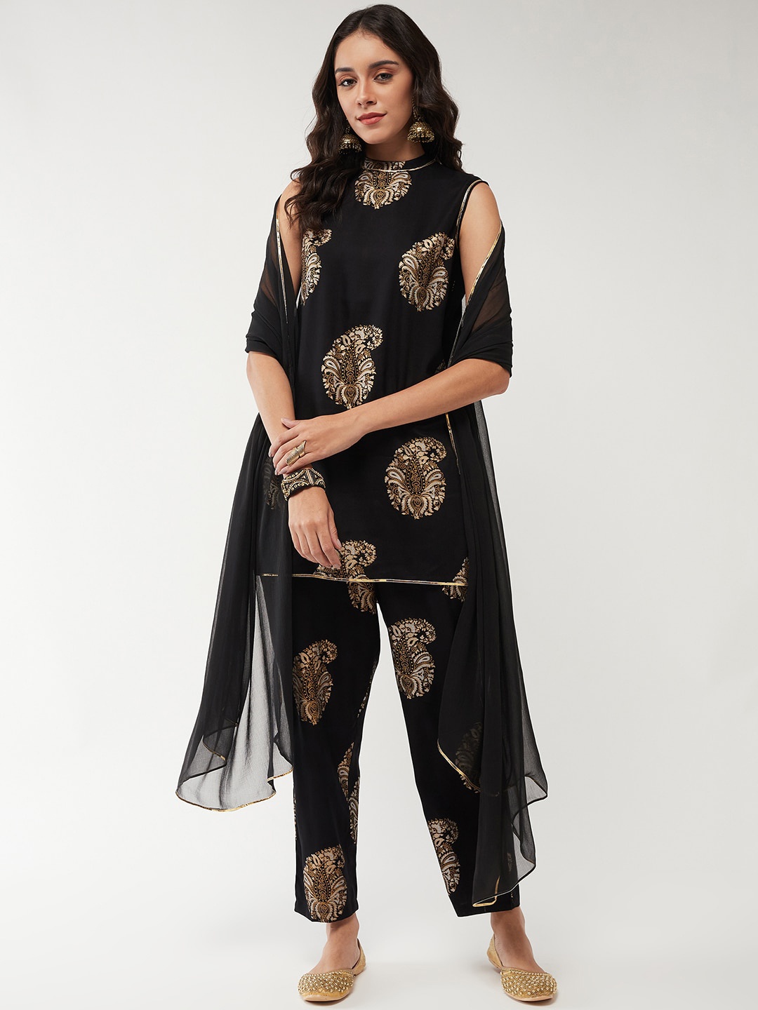 

Pannkh Ethnic Motifs Printed High Neck Sleeveless Kurta With Trousers & Dupatta, Black