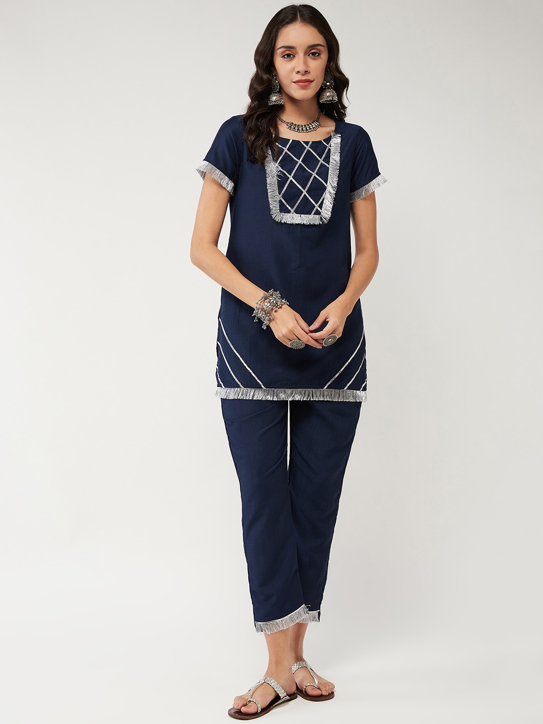 

Pannkh Striped Yoke Design Regular Gotta Patti Kurti With Trousers & Dupatta, Navy blue