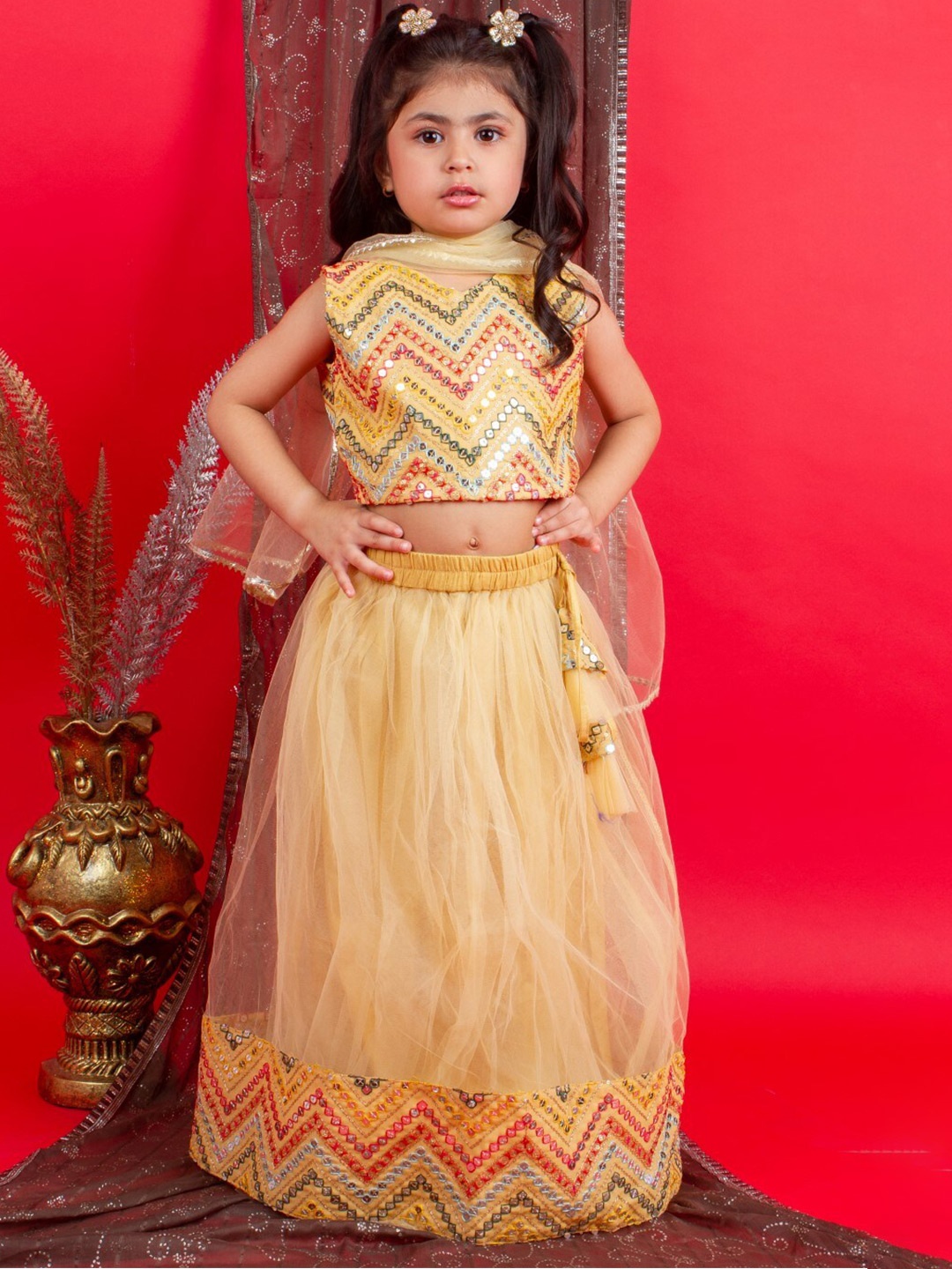 

Bella Moda Girls Mirror Work Embroidered Ready to Wear Lehenga & Blouse With Dupatta, Yellow